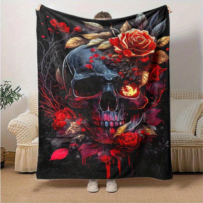 1 szt. Koc z Kwiatową Czaszką Miękki Ciepły do Wystroju Domu Prezent, Salon, Podróż, Kemping, Koc Samochodowy