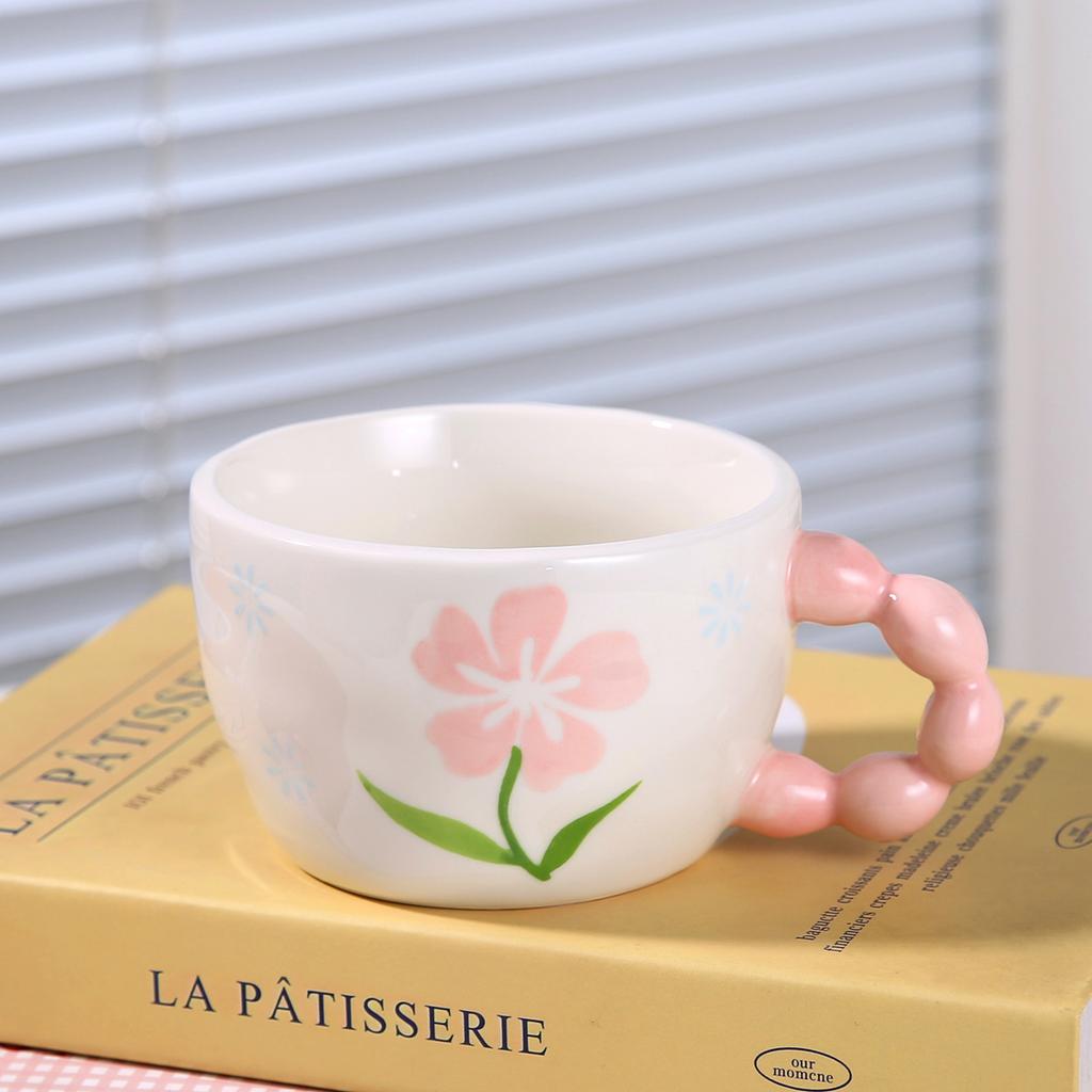Kreative Frühstückstasse Handbemalte Blumen Keramiktasse mit Löffelset Müslischale Becher Ins-Stil
