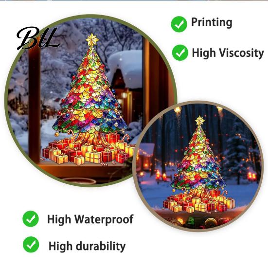 Reusable Holiday Window Film Stained Glass Style Christmas Tree Stickers, Removable PVC Static Cling Decals for Waterproof Seasonal Wall Art