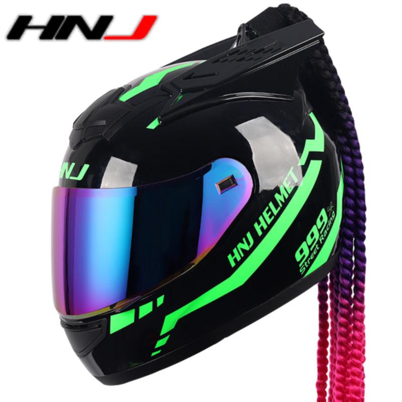 HNJ Unisex Full-Face Summer Motorcycle Helmet with Gray Riding Horns - Stylish and Safe for Racing