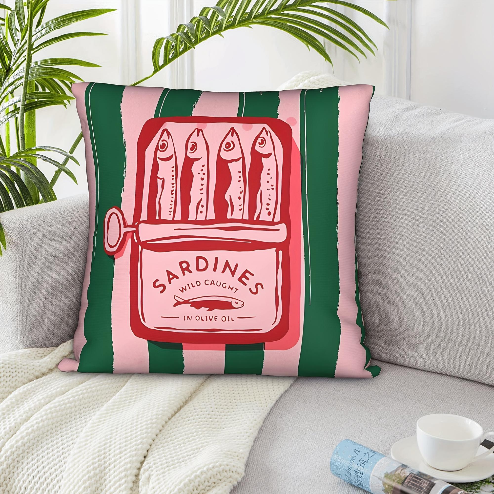 

1pc Sardines Wild Caught in Olive Oil Retro Decorative Cushion Cover, Vibrant Pink & Green Striped Design, 100% Polyester 18x18in 45x45cm
