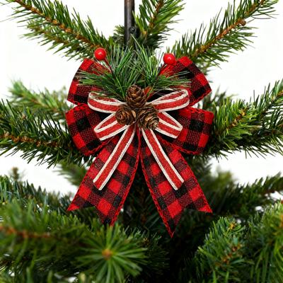 Christmas Burlap Plaid Bow with Pine Cones Pine Needles Large Buffalo Plaid Bow Xmas Wreath Checkered Bow for Holiday Crafts Home Party Tree Decor