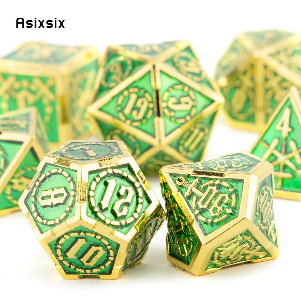 7 Pcs Green Golden Double Swords Metal Dice Solid Polyhedral Dice Set Suitable for Role-Playing RPG    Board Game
