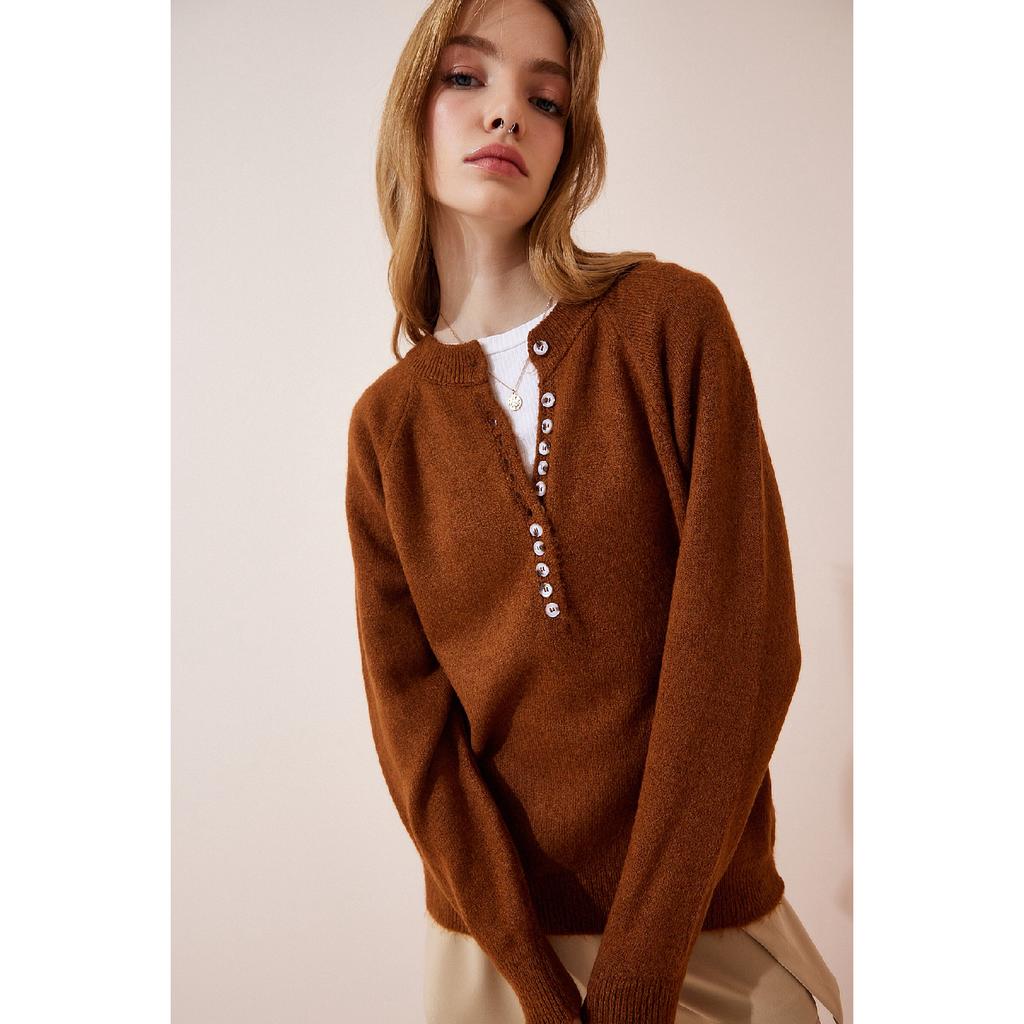 Gestreifter Strickpullover mit Knopfkragen in Knochenschwarz für Damen Lx00040