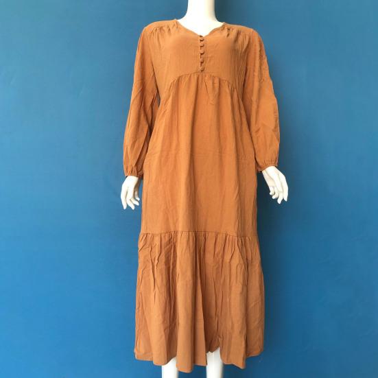 Women Bohemian Cotton Linen Dress Oversized V-neck Long Sleeve Swing Dress Pleated