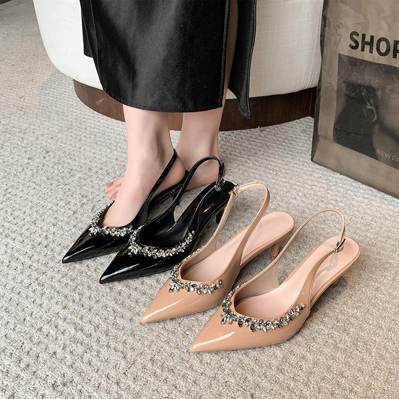 Feng Shui pure desire to drill thin heels sandals banquet pointed new daughter patent leather high heels 2025 autumn light luxury sexy
