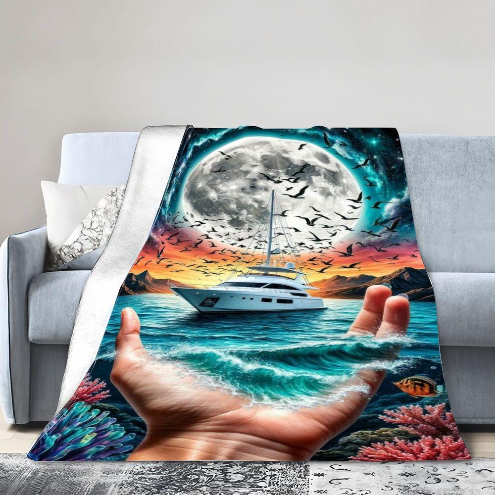 

Surreal Landscape Art Throw Blanket - Vibrant Giant Hand Cupping Turquoise Ocean Waves with Sailboat & Full Moon Design, Soft Co 75x90cm