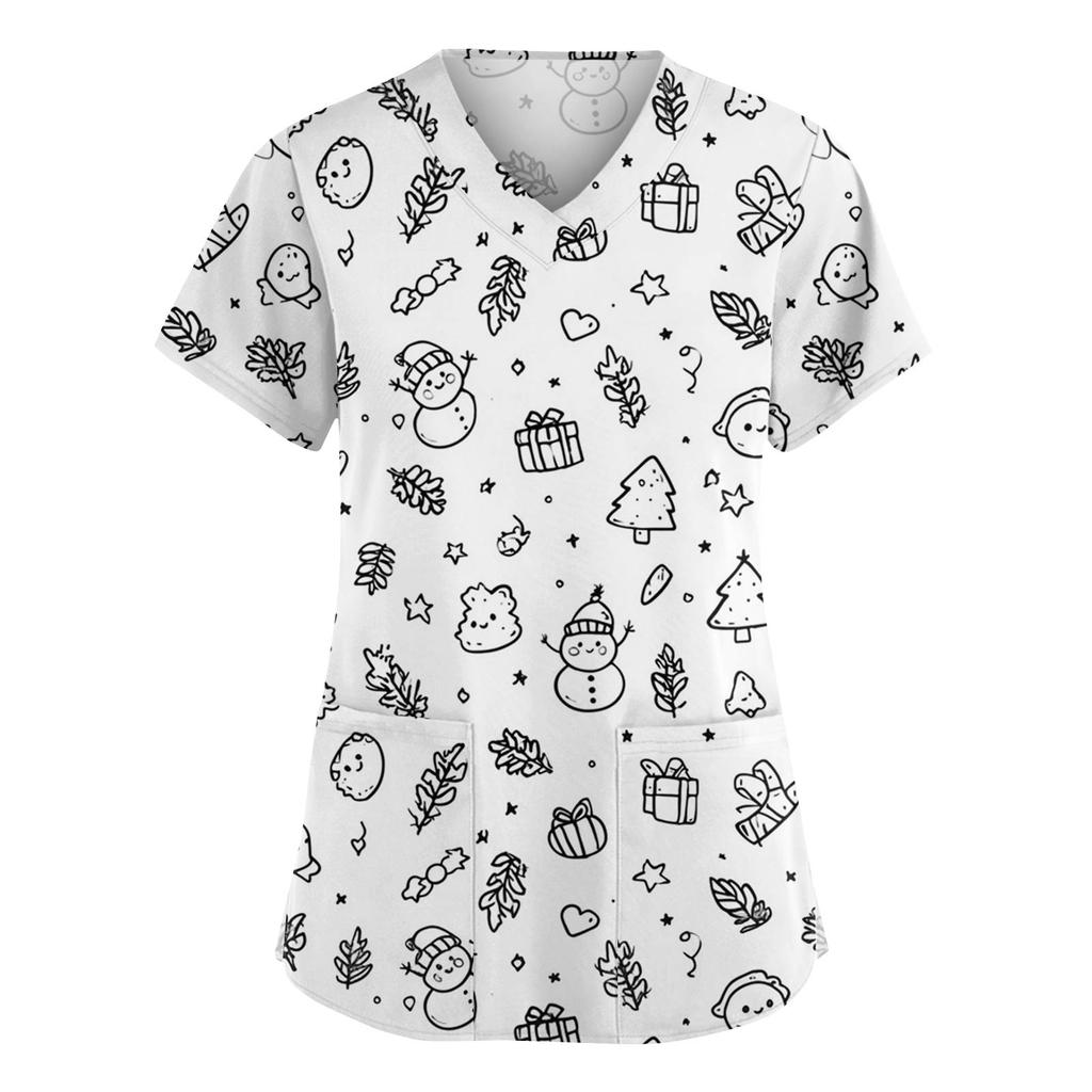 Damenmode V-Ausschnitt Kurzarm Overalls mit Taschen Print Tops Kleidung