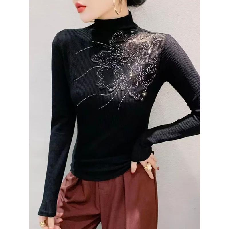 Fashionable Turtleneck BottomingWomen Hollow Hot-drilled Long-sleeved T-shirt Tight-fitting Inner Top
