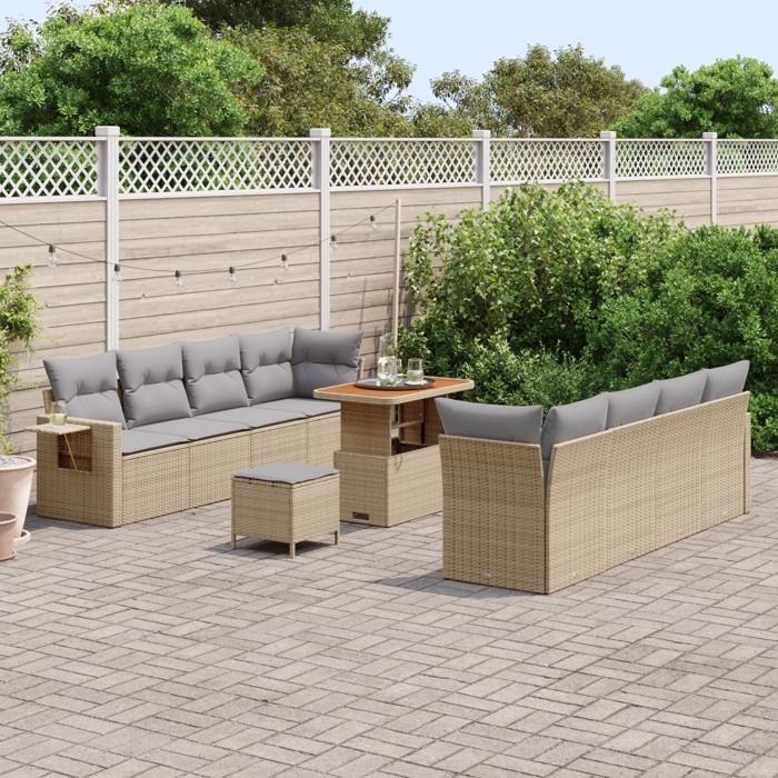 Ensemble de Canapés de Jardin vidaXL 11 Pièces avec Coussins Beige Poly Rattan Acacia, Ensemble de Salle à Manger de Jardin 3361722