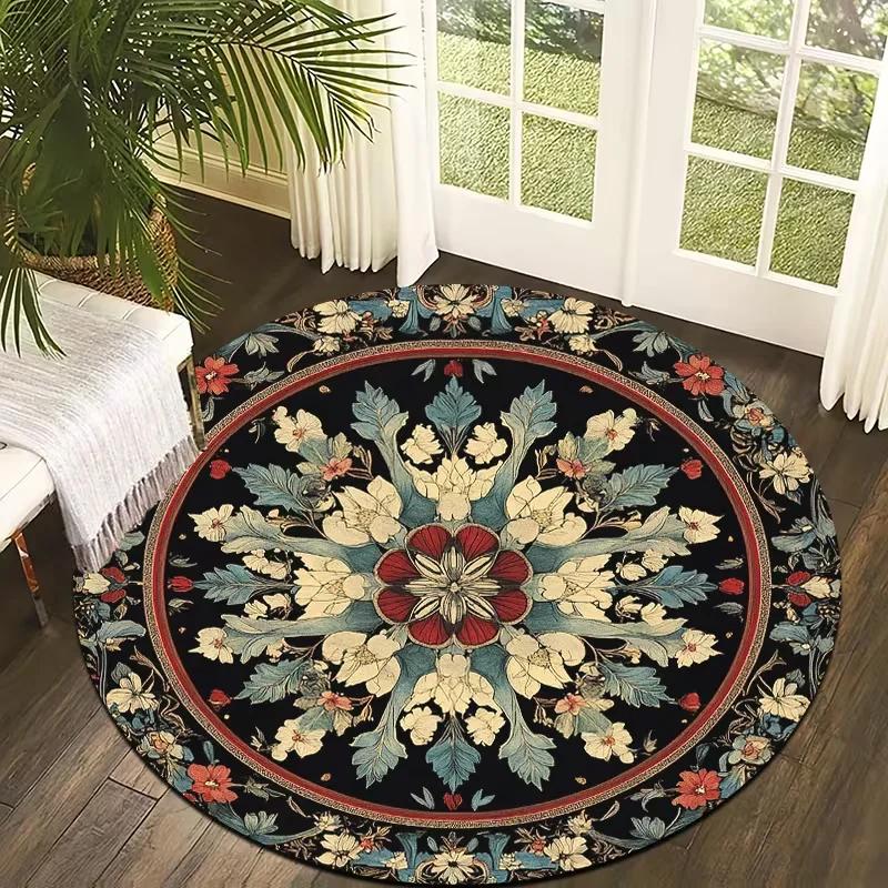 Farmhouse Bohemian Floral Round Rug Vintage Botanical Kaleidoscope Print Non Slip Circular Mat for Living Room Bedroom