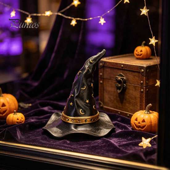 Star Moon Pattern Decor Resin Witch Hat Figurine, Wizard Statue with Festive Party Table Patterns, Gothic Halloween Desktop Ornament for Mantel Indoor