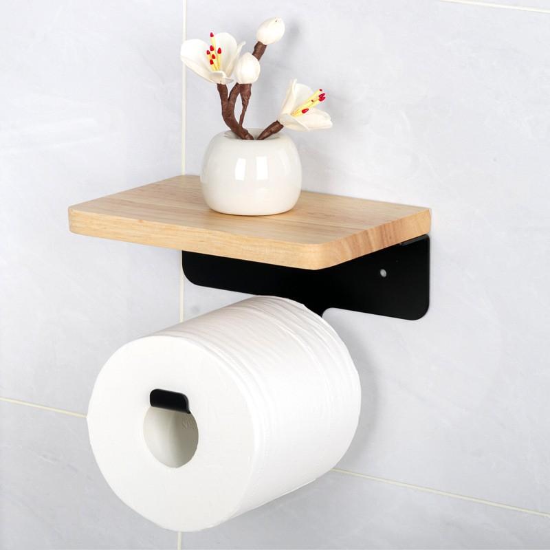 Wall Mounted Toilet Paper Holder Bathroom - No Drill Adhesive Or Screw Installation Black Metal Square Design Modern