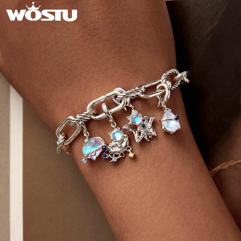 WOSTU 925 Sterling Silver Rainbow Moonstone Star Astronaut Charms pendants Dreamy Star Beads Fit Original Bracelet DIY Necklace