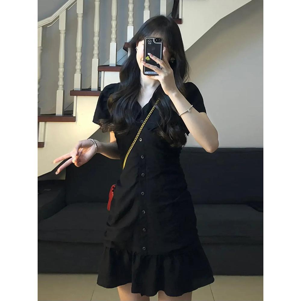 Retro fashion hot girl pleated design waist slimming small black vintage summer dress short skirt