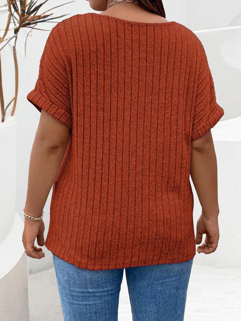 2025 Spring/Summer Plus Size Women's Solid Color Zipper Short Sleeve Loose Pullover Top