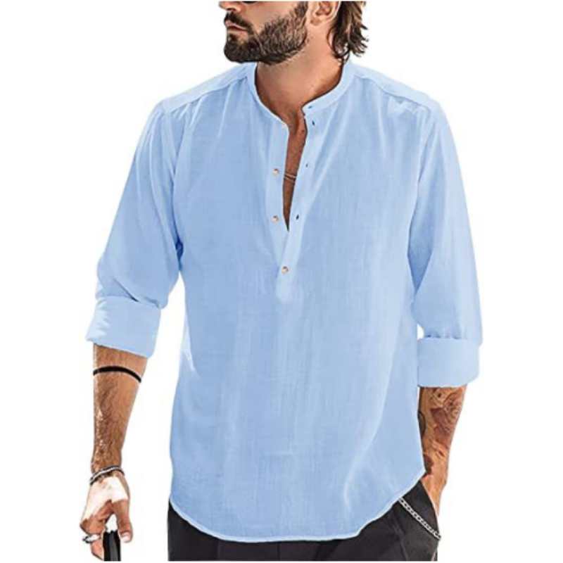 Men's Long Sleeve Loose Casual Standing Collar Shirt Solid Color Pullover Top