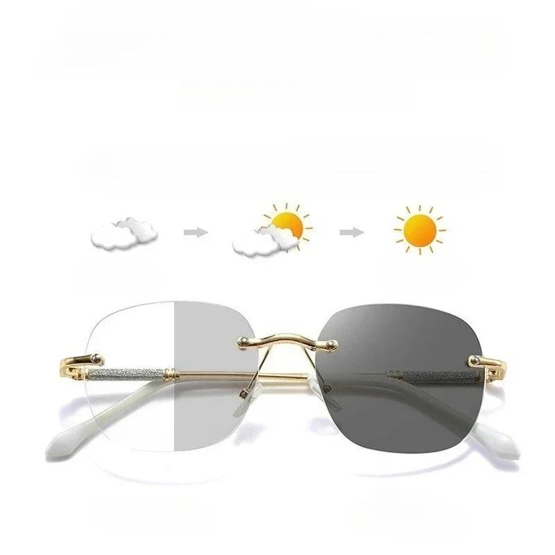 Unisex Luxury Pochromic Reading Glasses Fashion Rimless Color Changing Eyewear for Men Women Outdoor Anti-UV Presbyopia