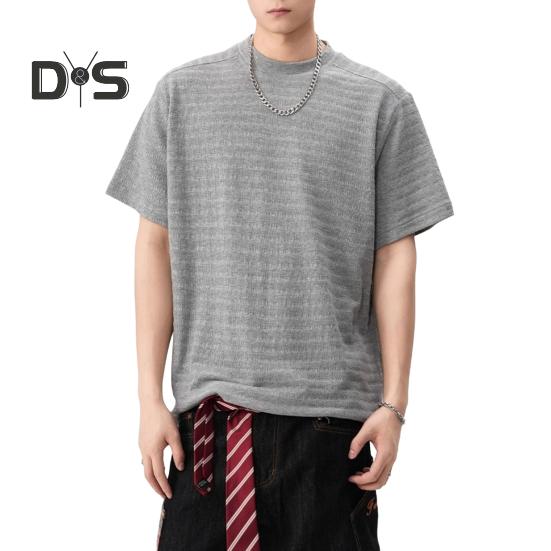 Men T-shirt Round Neck Short Sleeve 3D Striped Jacquard Design Tee Shirt Solid Color Loose Fit Summer Casual Tops