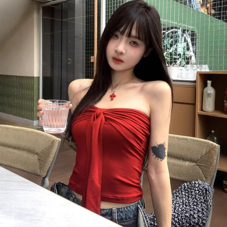 Summer ins pure desire sexy bow lace-up tube top women's summer slim-fitting slim-looking bottoming chest-wrapped top