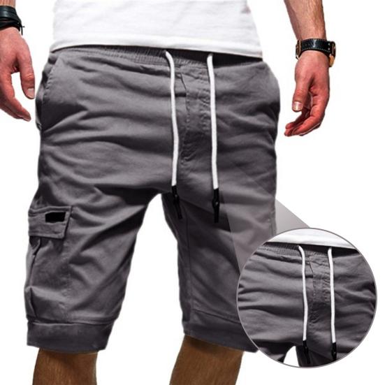 Mid-Rise Elastic Waistband Drawstring Multi Pockets Men Shorts Solid Color Loose Fitness Cargo Shorts Streetwear