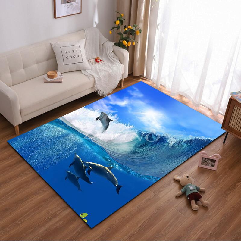 Ozean-Thema Teppich mit Delfinen und Wellen für Wohnzimmer-Dekoration Geeignet zur Verwendung als Anti-Rutsch-Matte für Wohnzimmer, Schlafzimmer, Sofas