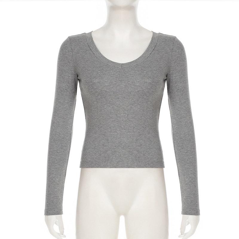 Women Plunging Neck Basic T-Shirt Autumn Solid Slim-fitting Full Sleeve Top Casual Versatile Simple  Shirt