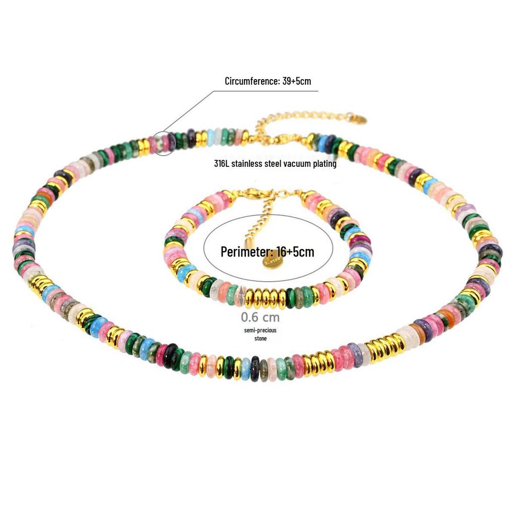 Dopamin High-End Buntes Frisbee Halsketten- & Armband-Set mit Naturstein