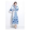 Spring Autumn Women Stand Collar Palace Print Single Breasted Long Maxi Party Dresses with Belt