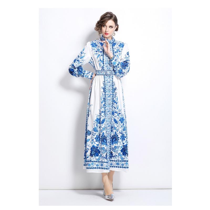 Spring Autumn Women Stand Collar Palace Print Single Breasted Long Maxi Party Dresses with Belt