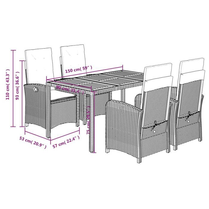 VidaXL Ensemble à Manger de Jardin avec Coussins 5 pcs, Table et Chaises avec Dossier Réglable, Meubles d'Extérieur Patio 3212233