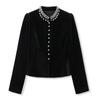 Dámské halenky Černé Těžké korálkování O Krk Halenky s nafouknutými rukávy Blusas Slim Fit Sametová Vintage halenka