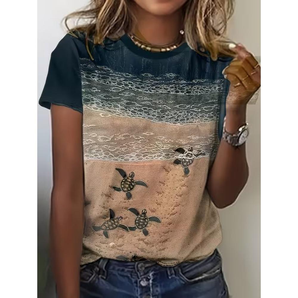 Fashion Women Turtle Print T Shirt Funny Casual O-neck Short Sleeves T-shirt Summer Female Tee Shirt