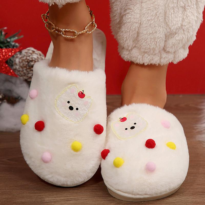 Fashion Cute Cartoon Pattern Soft Plush Slippers Women Indoor Non Slip Warm House Slippers Woman Black White Fuzzy Comfort Winter Shoes