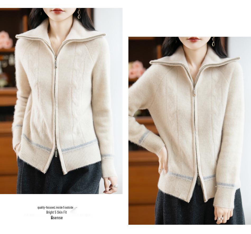 Women's High Neck Retro Cable Knit Cardigan Coat: Double Zipper, Color Block, Loose Fit, Raglan Sleeve, Thickened Knit for Autumn/Winter
