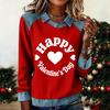Damenmode Ausgestelltes Langarm Denim Patchwork Sweatshirt Valentinstags-Print Lässiges Pullover-Oberteil