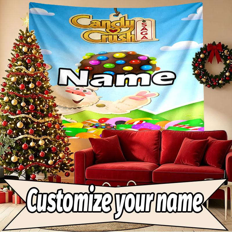 Custom Name Personalized Candy Crush Saga Print Tapestry, Wall Art Decor, Bedroom, Dorm, Apartment, LivingRoom, Party Backdrop, Gift for Birthday