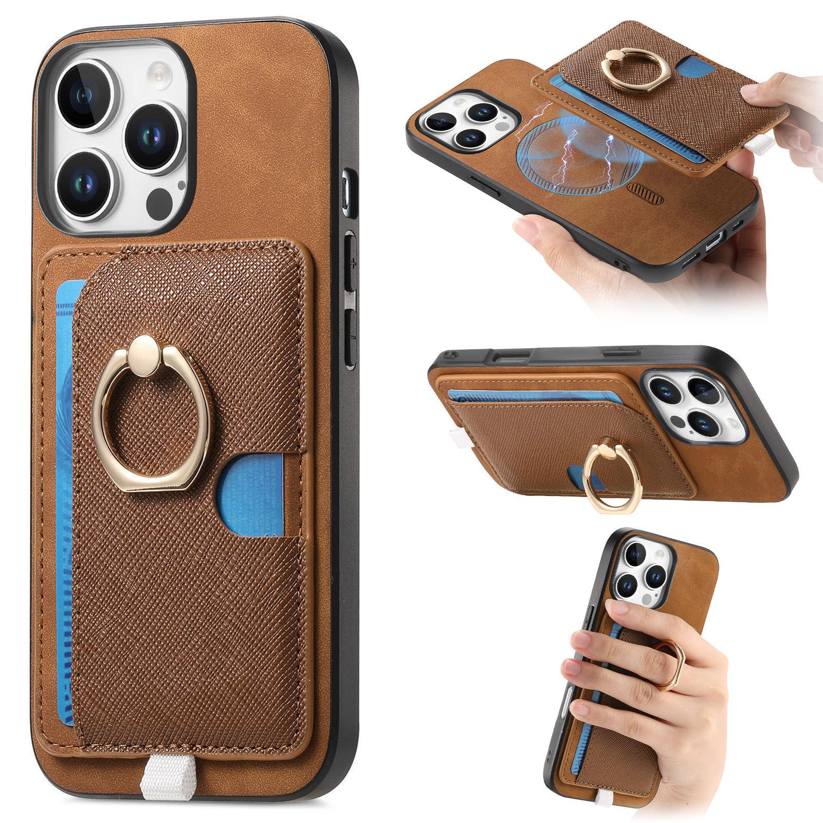 

For iPhone 16 Pro Case Ring Kickstand Leather+TPU+PC Phone Cover Detachable 2-in-1 Card Holder Brown