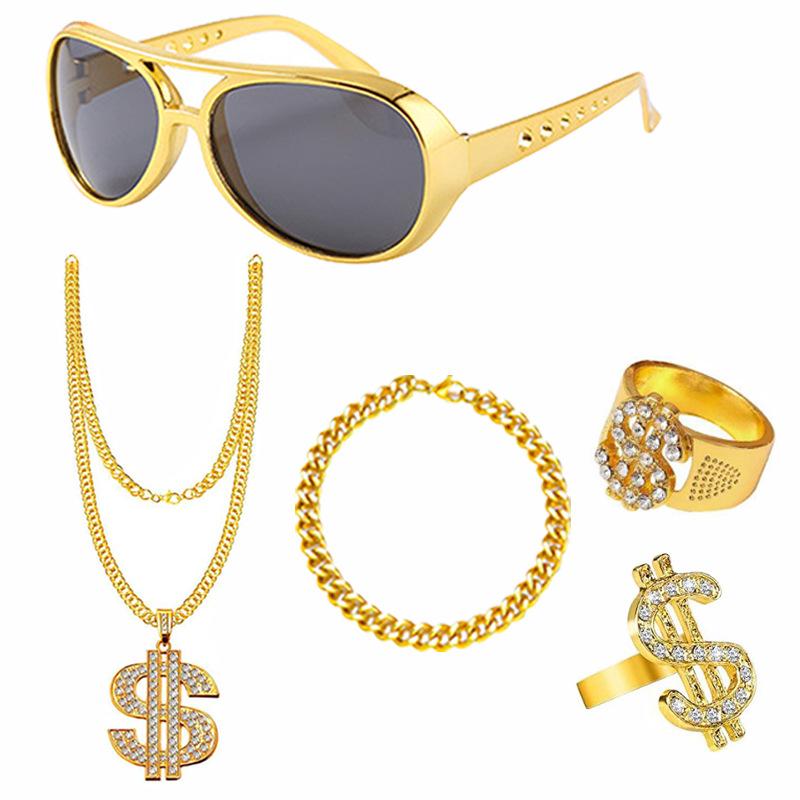 80s 90s Accessories Outfit for Men Hip Hop Costume Kit Old School Rapper Gold Color Dollar Rope Chain Ring Party Jewelry