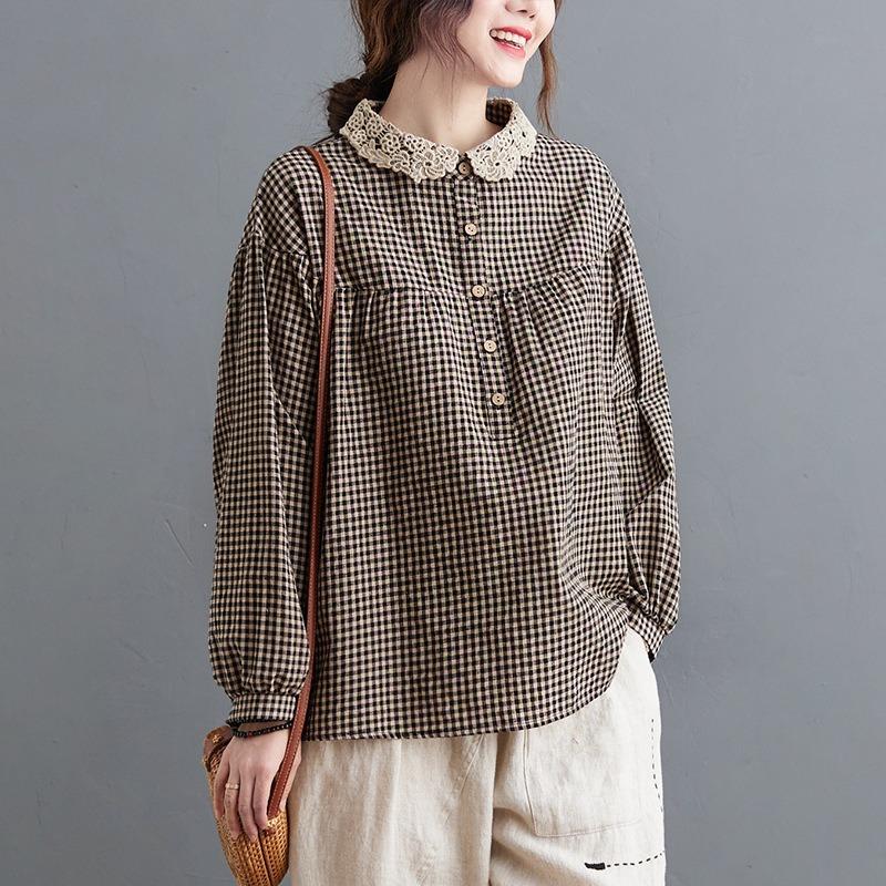 Plus Size Women Plaid Long Sleeve Turn Down Collar Casual Daily Blouse