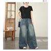 DIMANAF 2026 Summer New Plus Size Women Jeans Elastic Waist Long Pants Loose Casual Denim Cotton Trousers Blue Pants