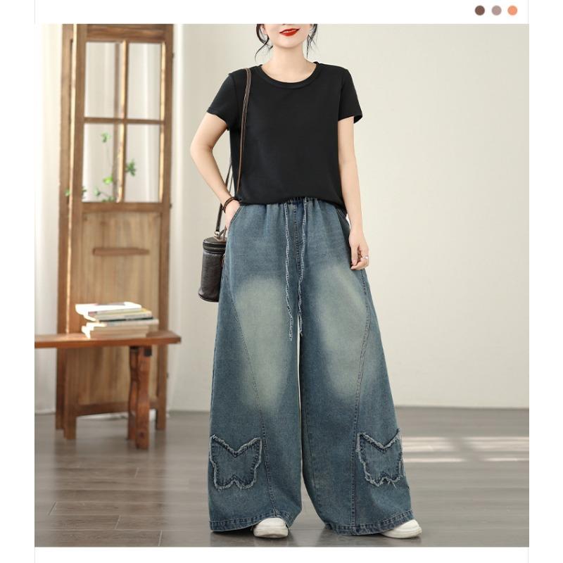 DIMANAF 2026 Summer New Plus Size Women Jeans Elastic Waist Long Pants Loose Casual Denim Cotton Trousers Blue Pants