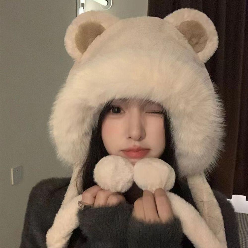 Woolen Bear Ears Hat Warm Bucket Hat New Winter Hat  Women