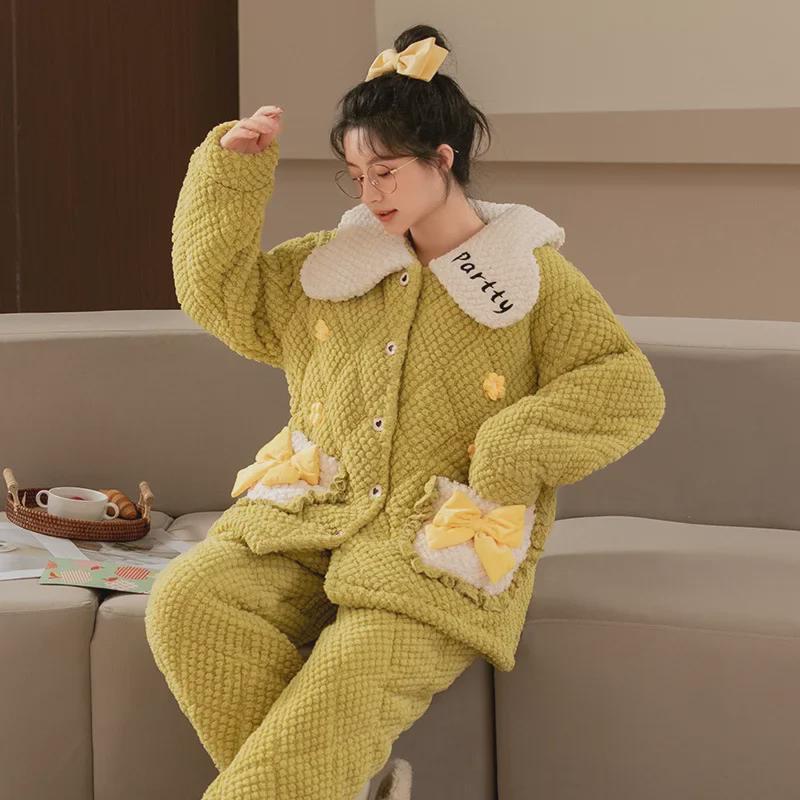 Women's Winter Pajama Set - Three-Layer Quilted, Thick Velvety Coral Fleece, Warm & Cute Bear Design