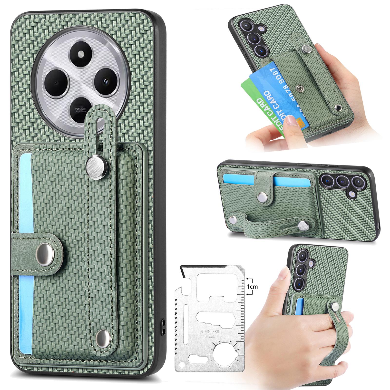 

Phone Case For Xiaomi Redmi 14C 4G/14R 5G/Poco C75 4G Wristband Anti-Drop Leather Back Cover Card Holder Green