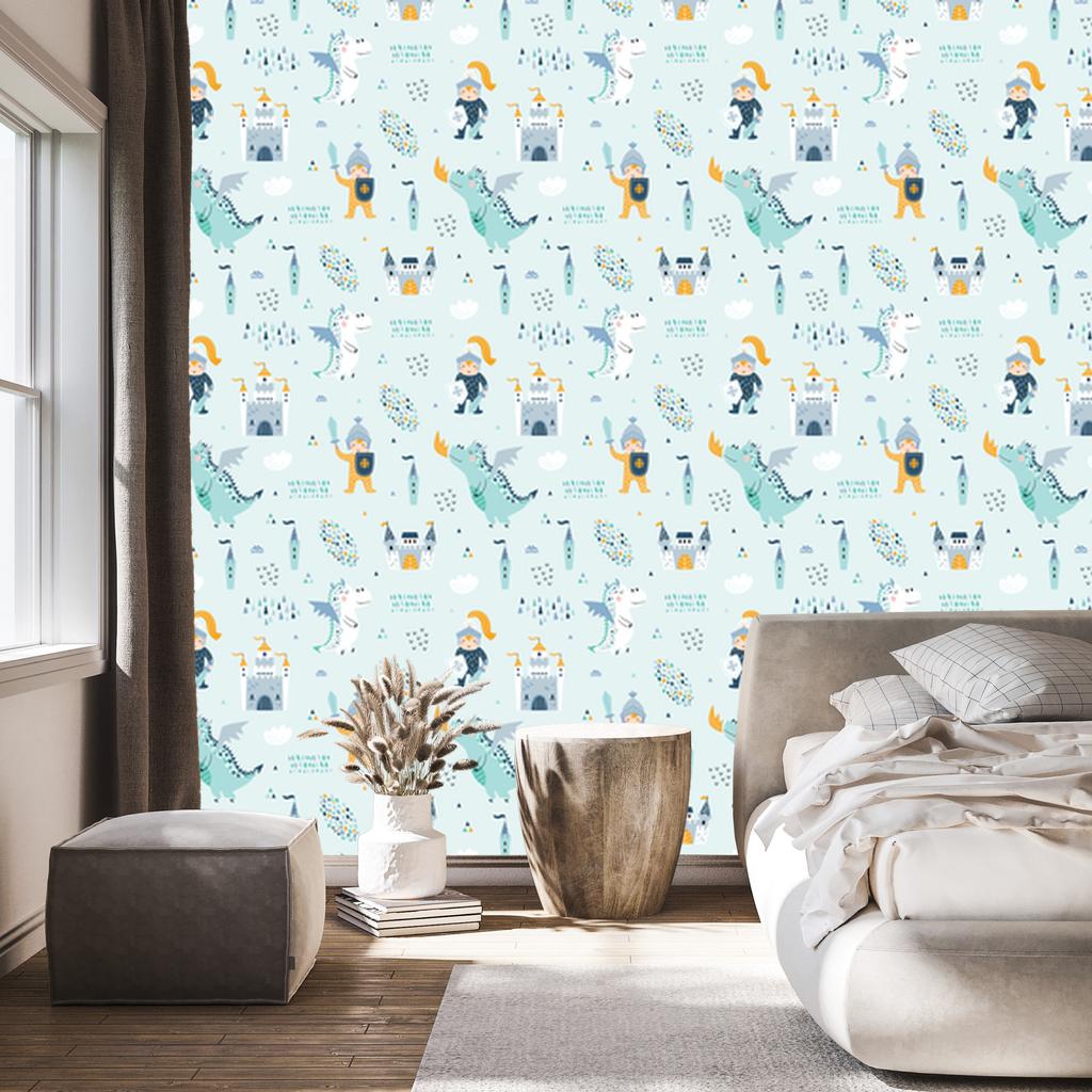 Wallpaper Castle dragons and knights from a fairy tale for the living room and bedroom 50x1000