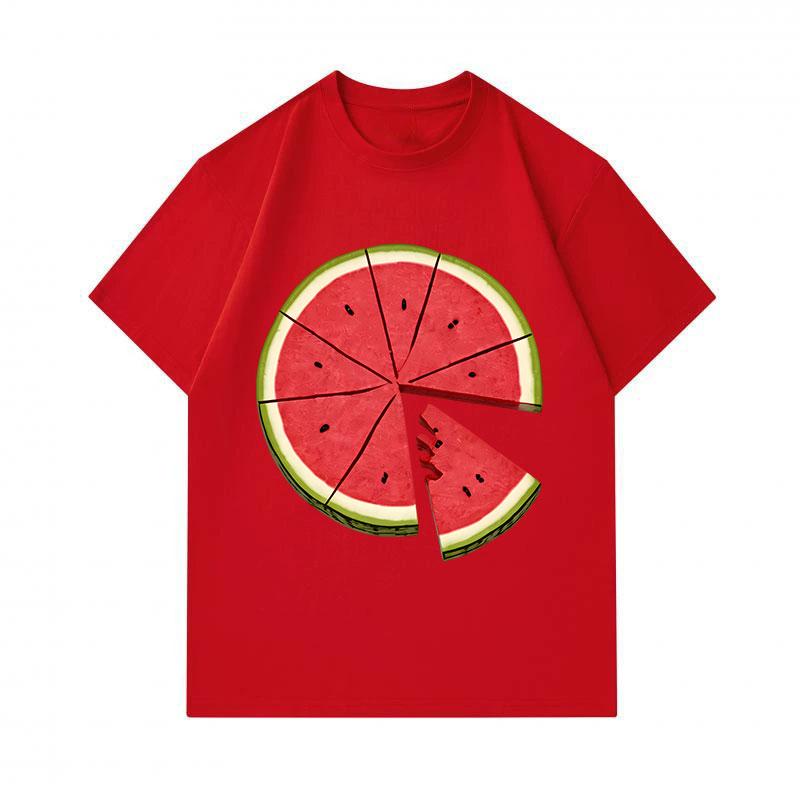 Men's 100% Cotton Crew Neck Short Sleeve T-Shirt, Creative Watermelon Slice Pizza Pattern Casual Summer Breathable Comfortable Loose Fit Tee for Daily