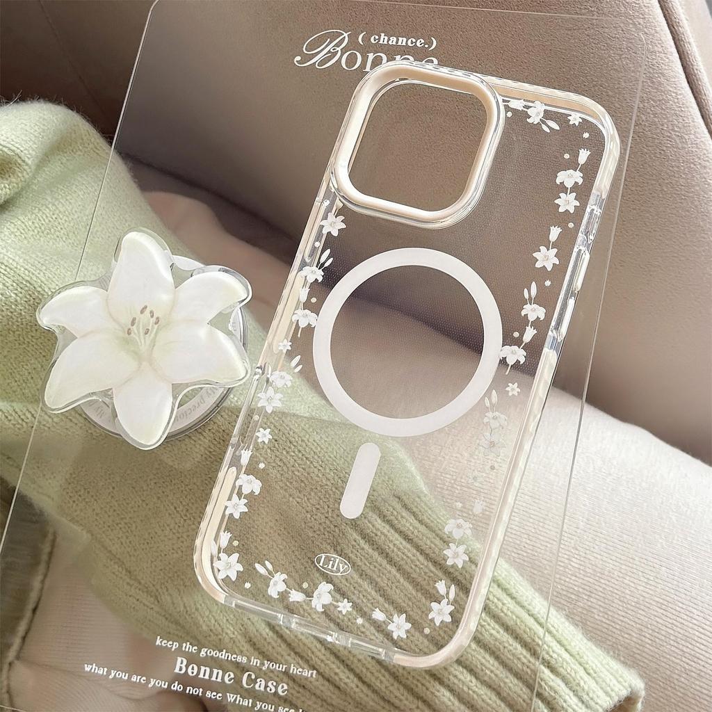 Lily Magnetic Suction Bracket 16pro Max Transparent IPhone 15 Mobile Phone Case Suitable for 13 Anti Fall Fresh 14
