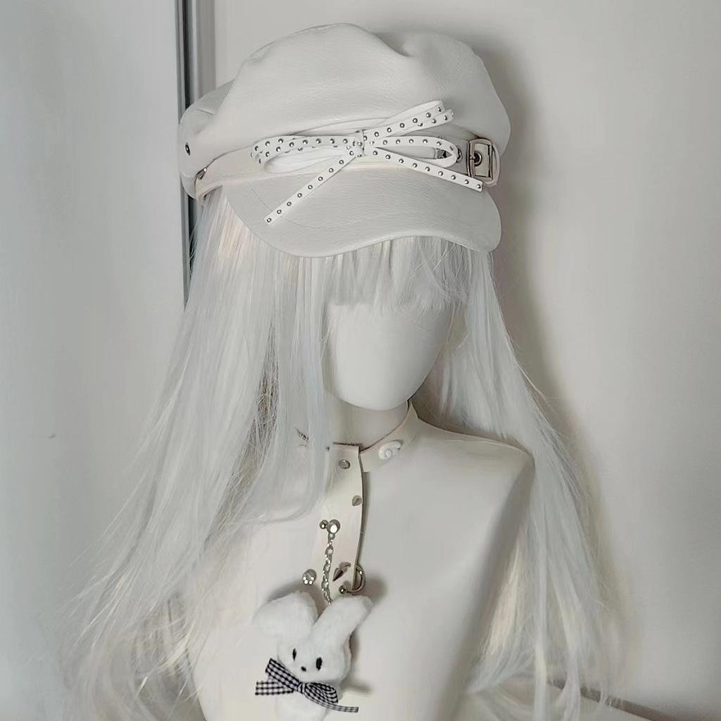 Ladies Winter Cap Y2K Japanese Hat White Pu Bow Women's Caps Punk Gothic Beret Hats Cap for Girls Women's Fashion Beret Hats