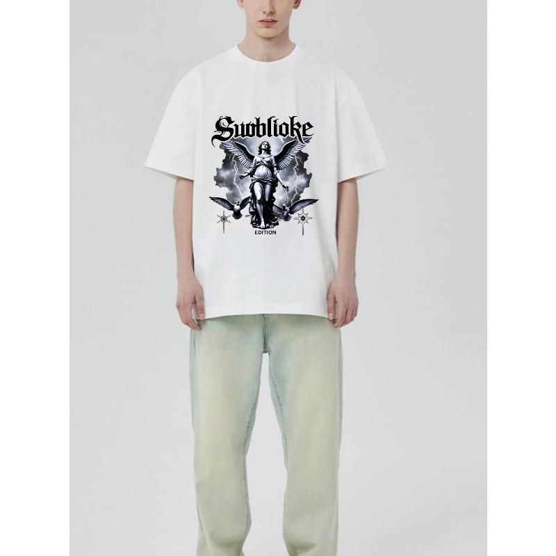 Black T-Shirt With Angelic Figure And Suoblioke Text Design For Casual Wear